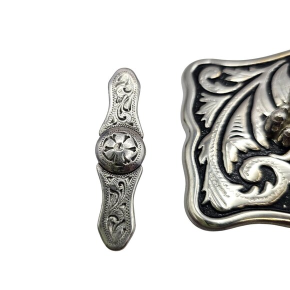 Western Belt Buckle Dendritic Agate Cabochon Silvertone Engraved Side Pieces - Picture 6 of 12